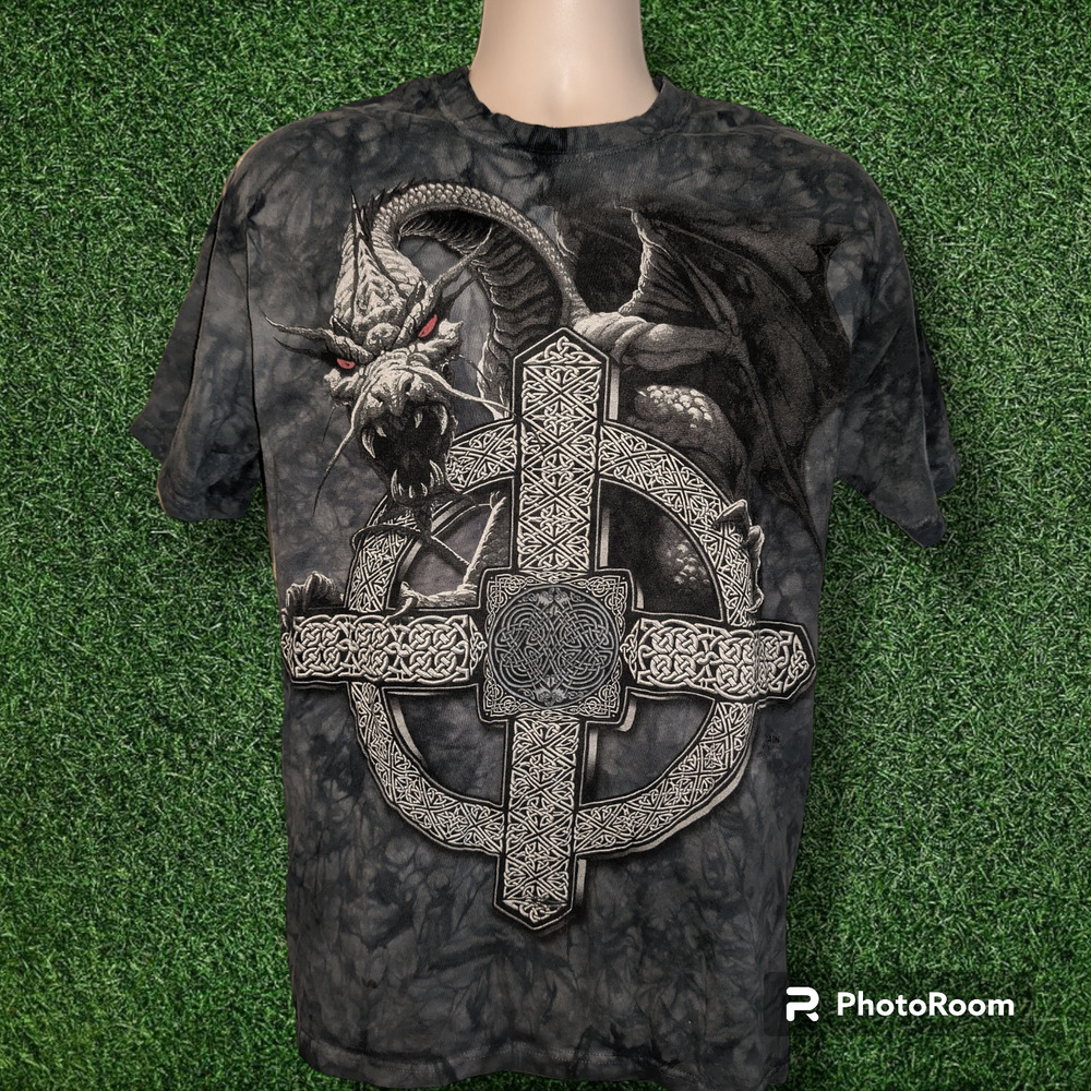 Vintage 2002 AOP Dragon & Celtic Cross Tie-Dye T-shirt - The Mountain - Large